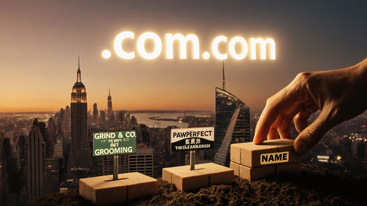 A glowing .com domain floats above a city skyline with small business signs below, as a hand places the final brick of a brand foundation.