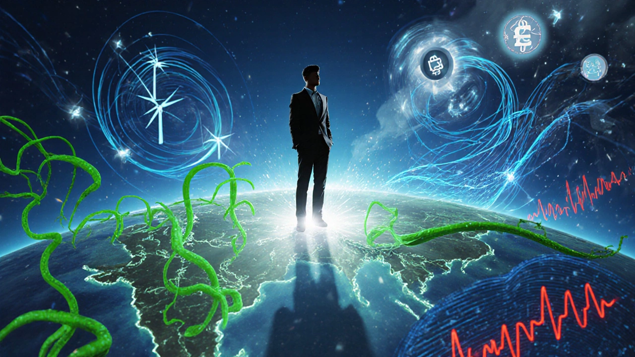 Abstract scene of renewable energy, fintech and AI health tech emerging around a rising figure.