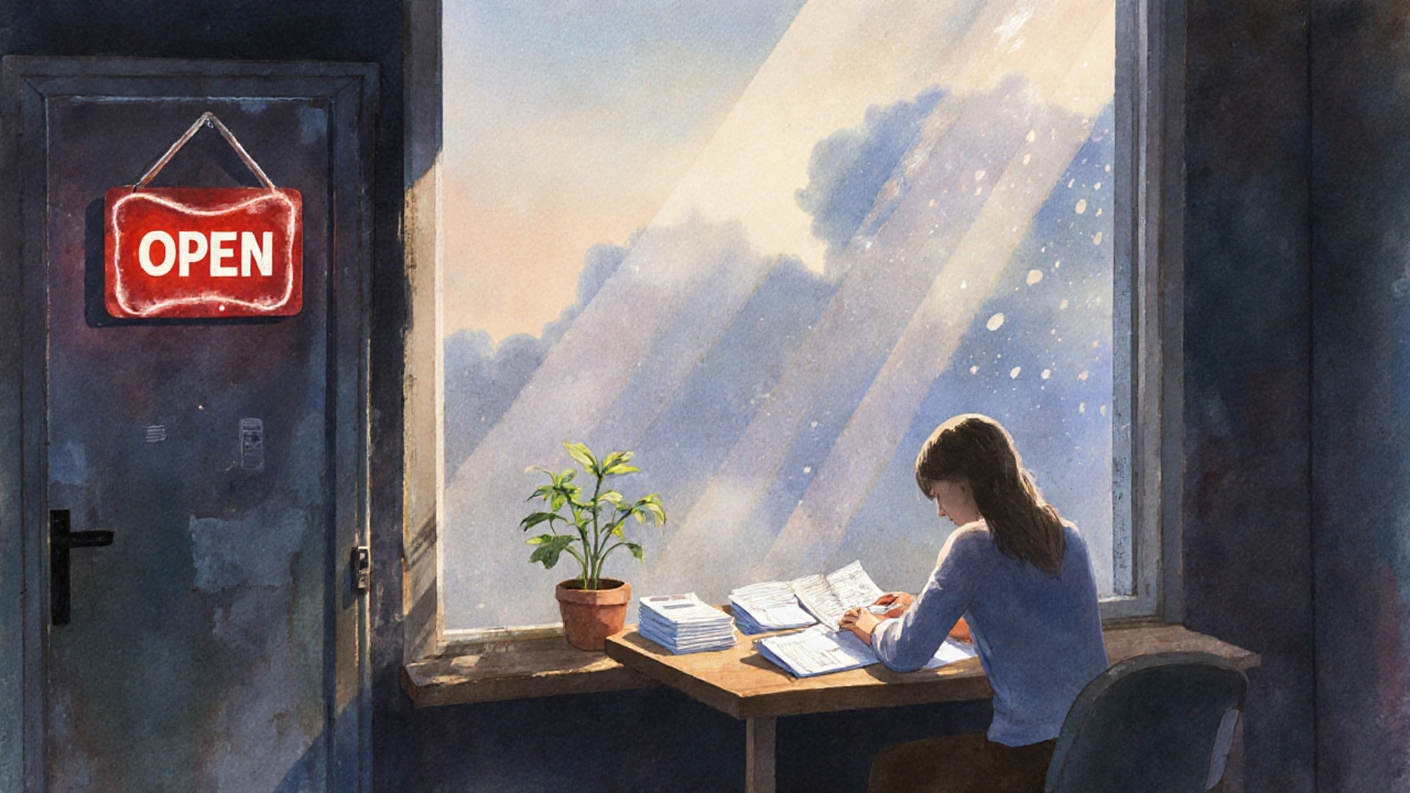 An empty storefront with someone organizing receipts, sunlight streaming through the window.