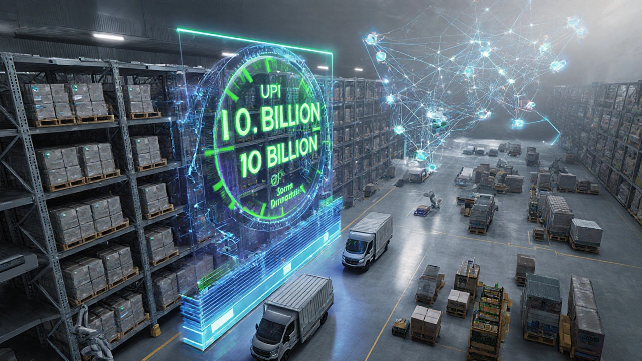 Automated warehouse with robots and delivery vans, showing a UPI transaction overlay.