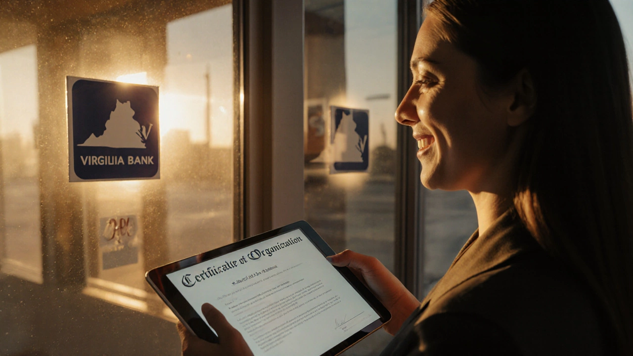 Business owner holding a tablet with a certificate, smiling near a storefront after LLC approval.