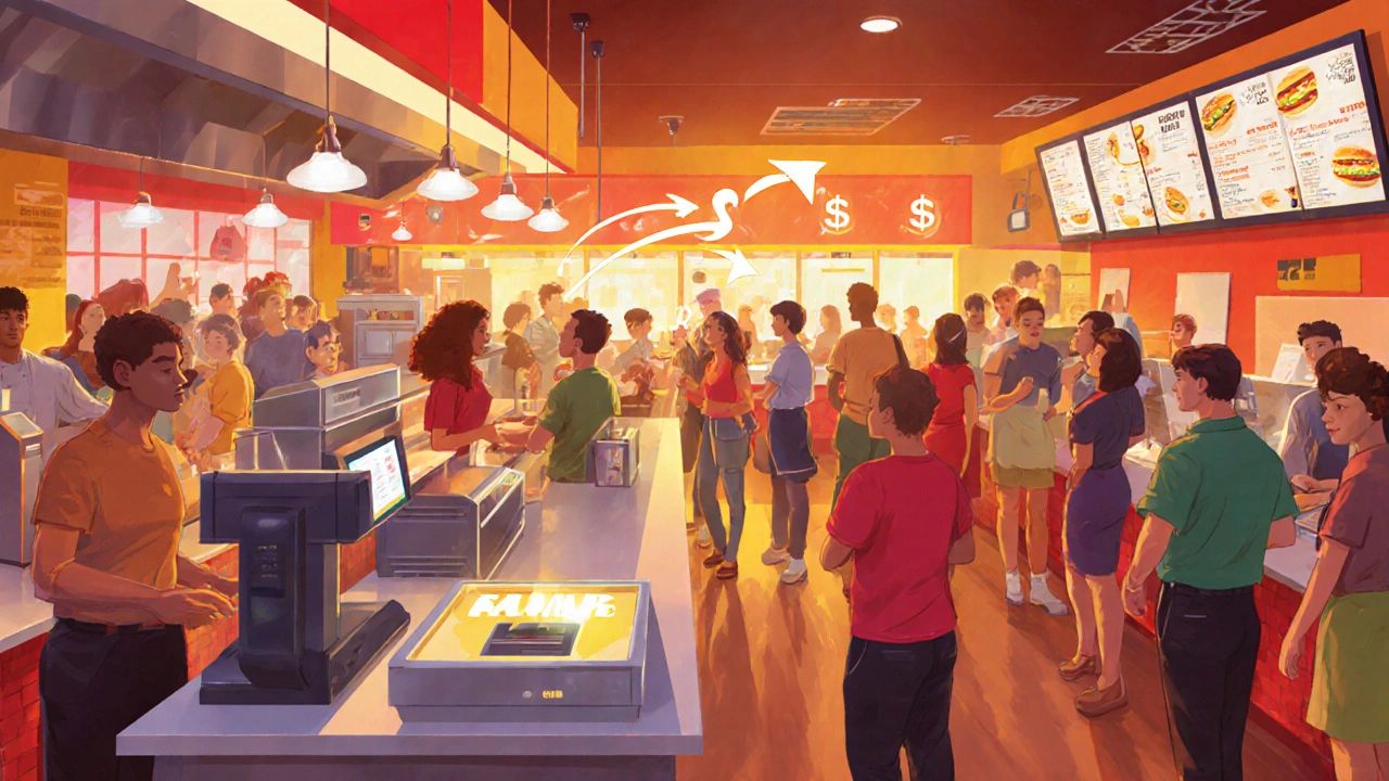 Busy fast‑food outlet interior showing customers and cash flow symbols.
