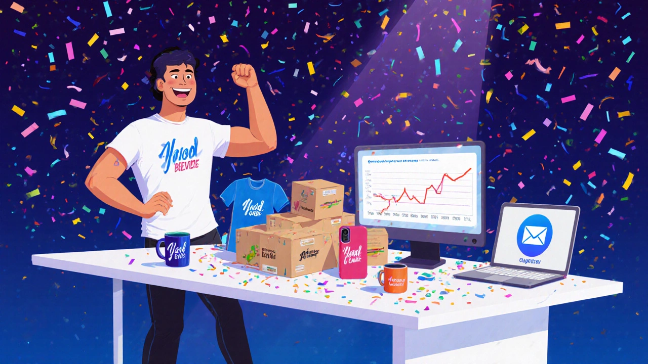 Celebratory scene of a POD brand launch with product mock‑ups, shipping box, and confetti.