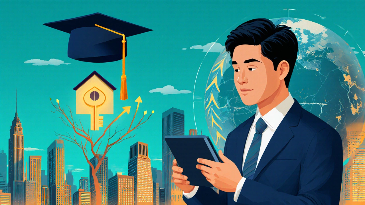 Collage of graduation cap, house key, and globe arrows representing education, homeownership, and immigration.