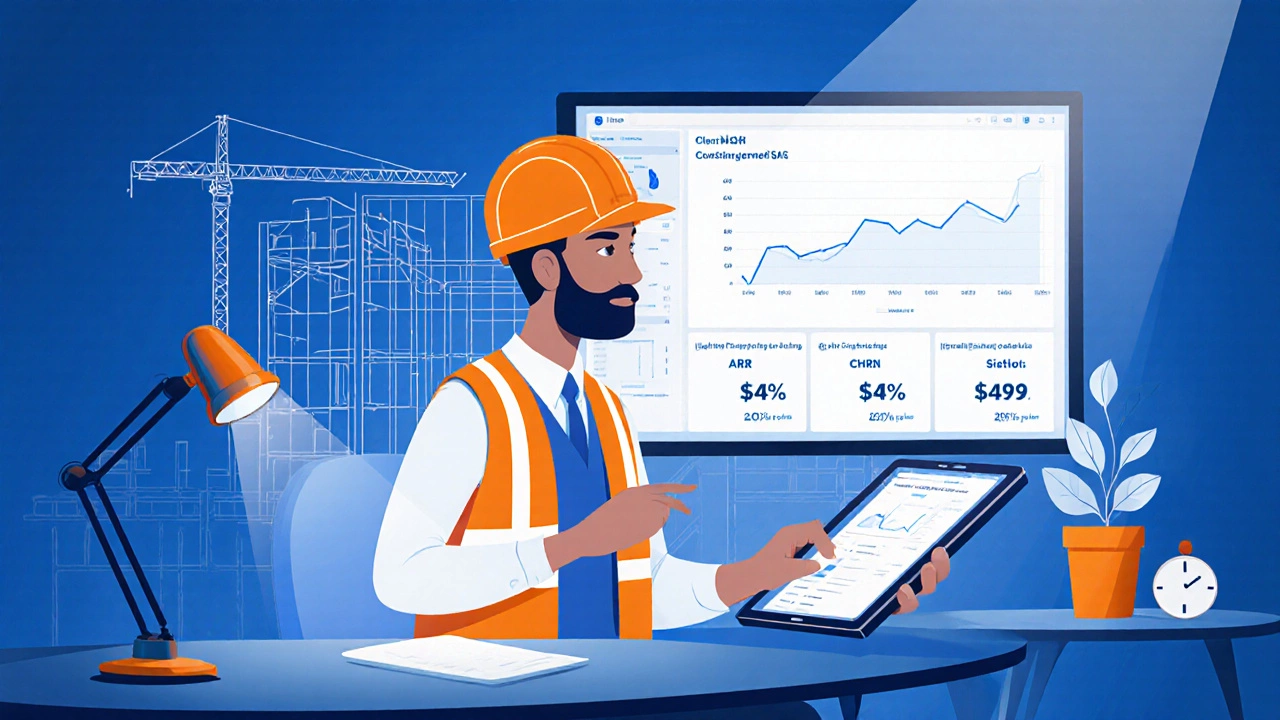 Construction manager using a tablet displaying a SaaS dashboard with high ARR and low churn.