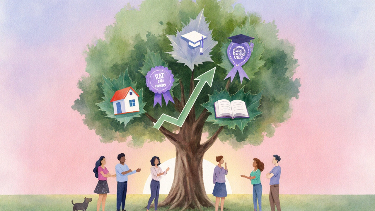 Diverse people gathered around an upward‑growing tree with leaves shaped like policy symbols.