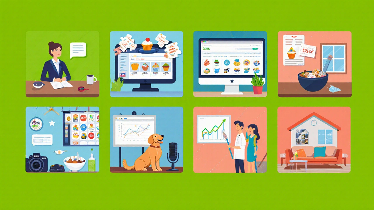 Eight illustrated mini‑scenes showing consulting, dropshipping, bakery, design, course creation, pet sitting, affiliate blog, and cleaning.