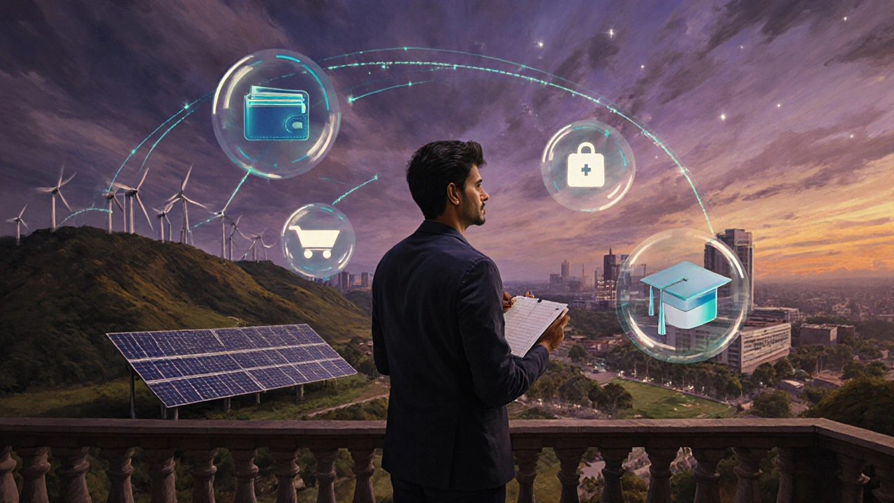 Entrepreneur at a crossroads with floating icons of renewable energy, health, fintech, e‑commerce, agritech, and edtech.