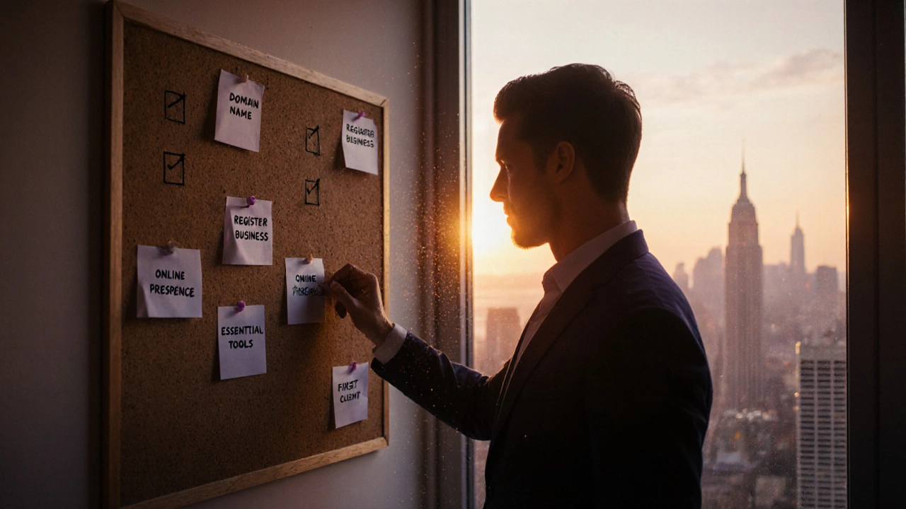 Entrepreneur checking off a 5‑step launch checklist on a corkboard at sunset.