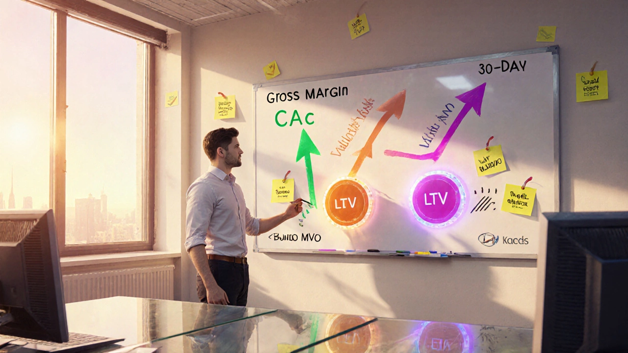 Entrepreneur standing by a whiteboard with three profit levers labeled Gross Margin, CAC, LTV.