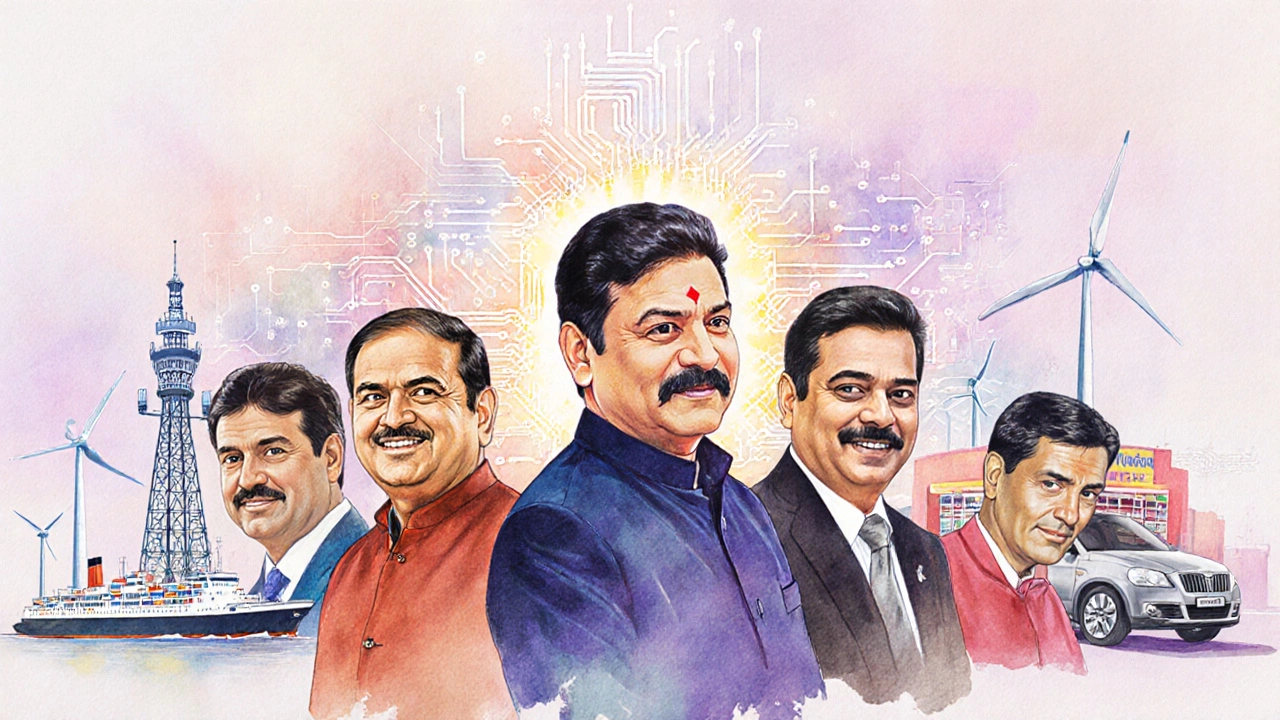 Five entrepreneurs represented by symbols of telecom, energy, IT, retail, and conglomerate.
