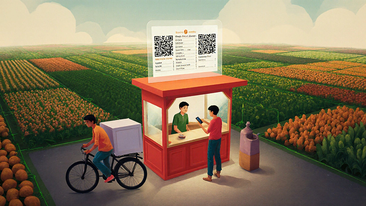 Future pop‑up kiosk with QR menu, delivery rider, and hyper‑local farm connections.