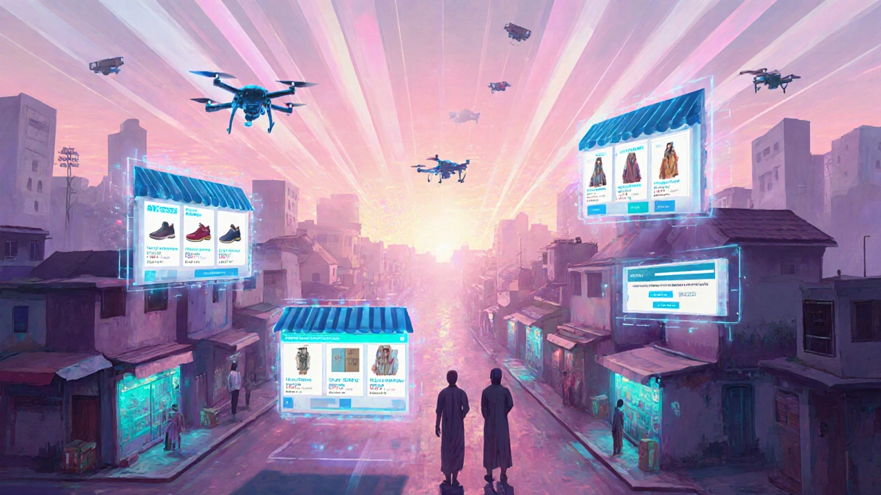 Futuristic holographic storefronts hovering over an Indian city skyline.