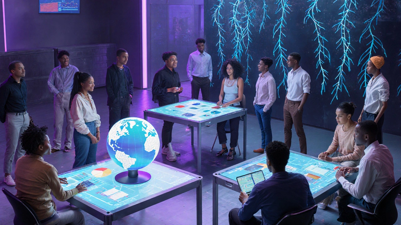 Futuristic incubator with diverse founders working on fintech, health, and sustainable fashion.