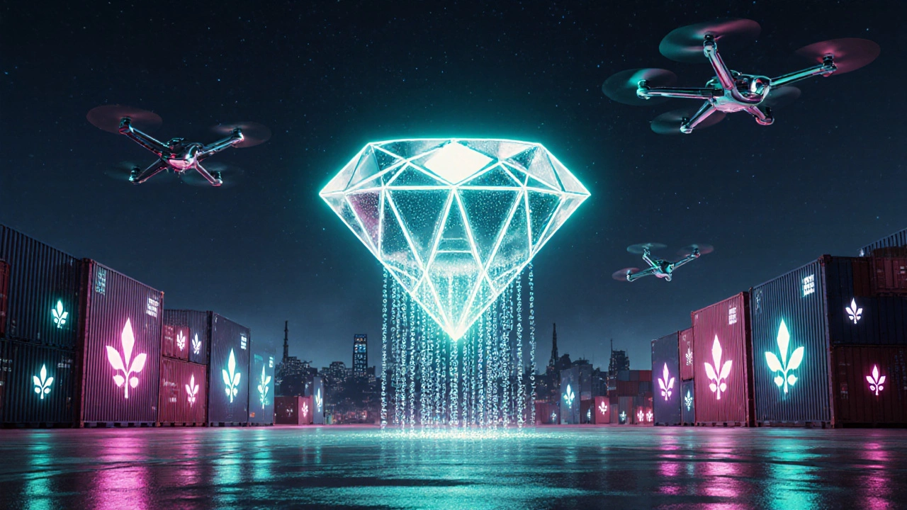 Futuristic port with biofuel containers and holographic diamond symbolizing next‑gen export trends.