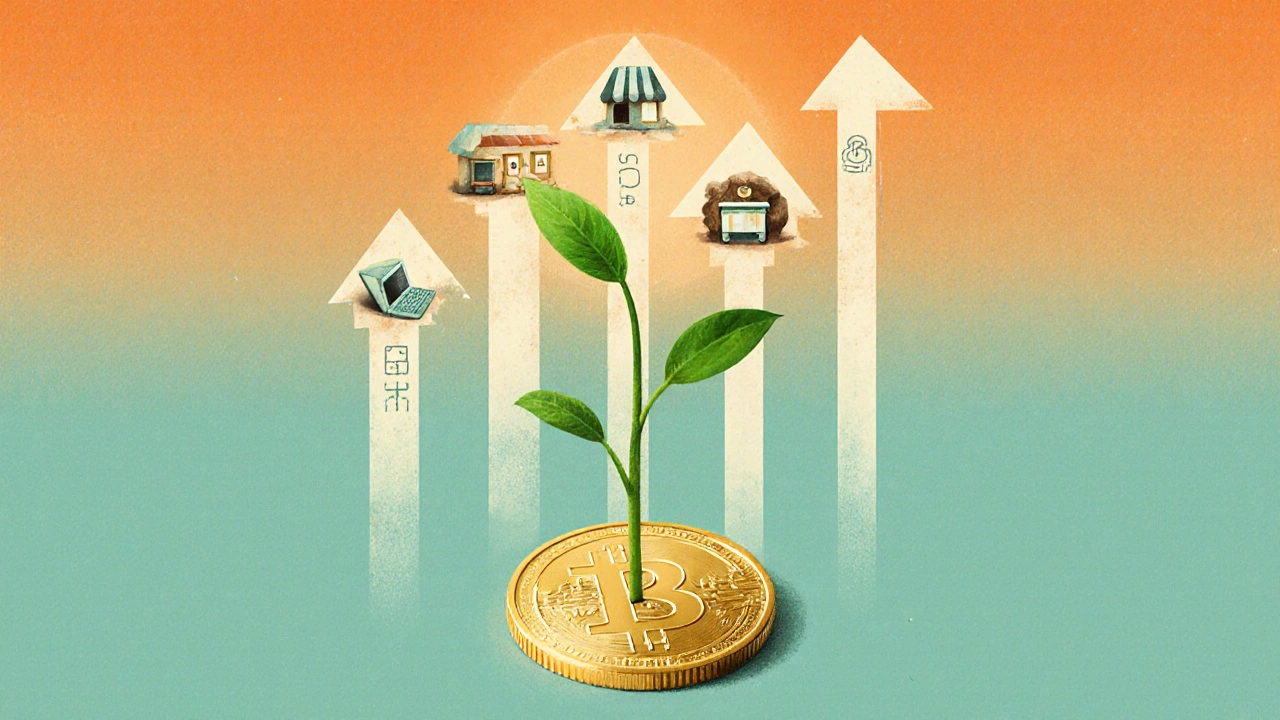 Golden coin sprouting a plant that grows into upward arrows representing growth.
