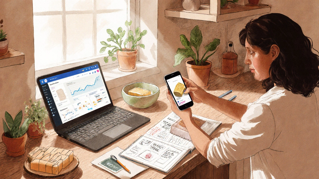 Home entrepreneur making shea butter soap with laptop and brand sketches.