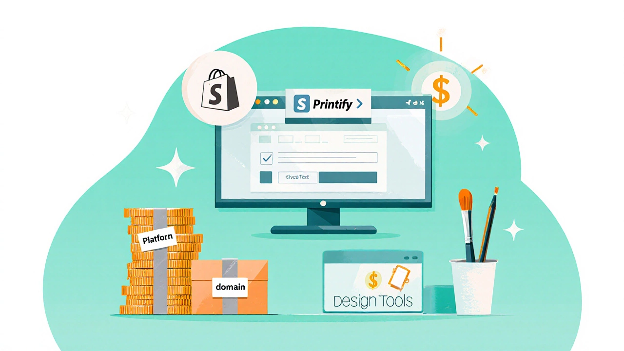 Illustrated workspace showing icons for platform fees, samples, domain, Shopify, design tools, and marketing spend.