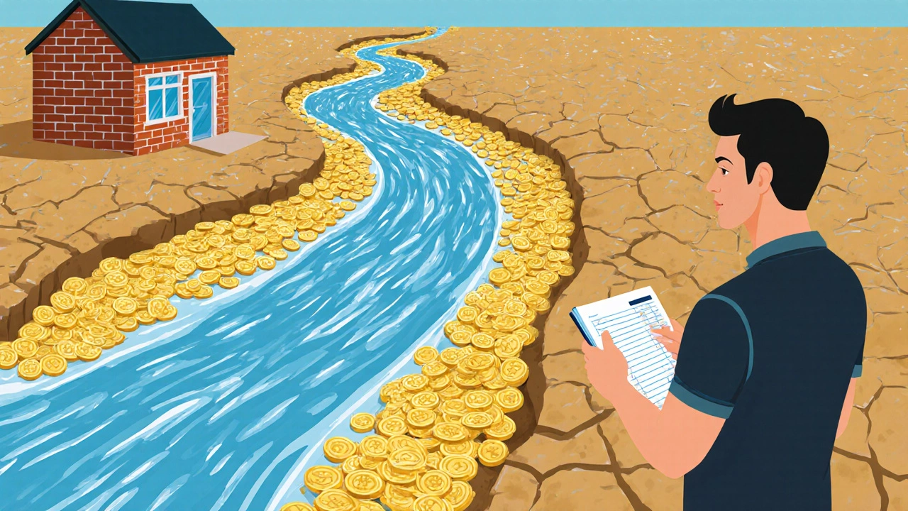 Illustration of a gold‑coin river drying up beside a worried shop owner.