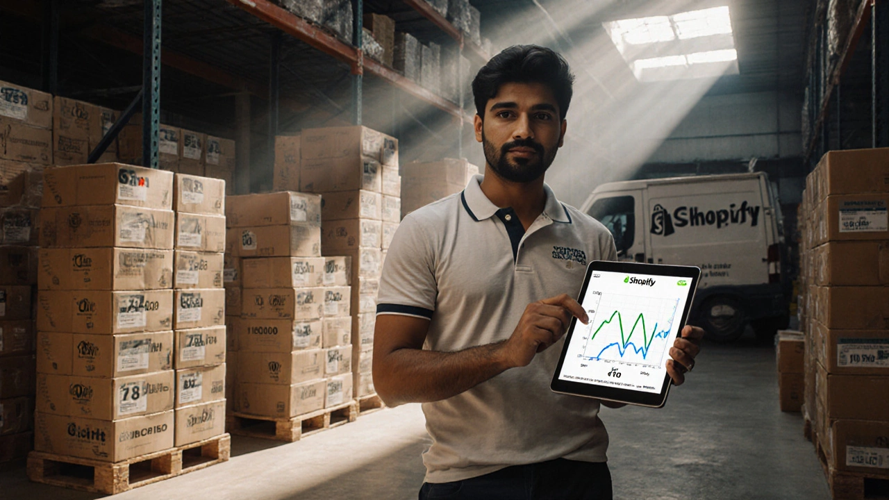 Indian store founder showing a rising profit graph amid warehouse boxes and a Shopify‑branded delivery van.