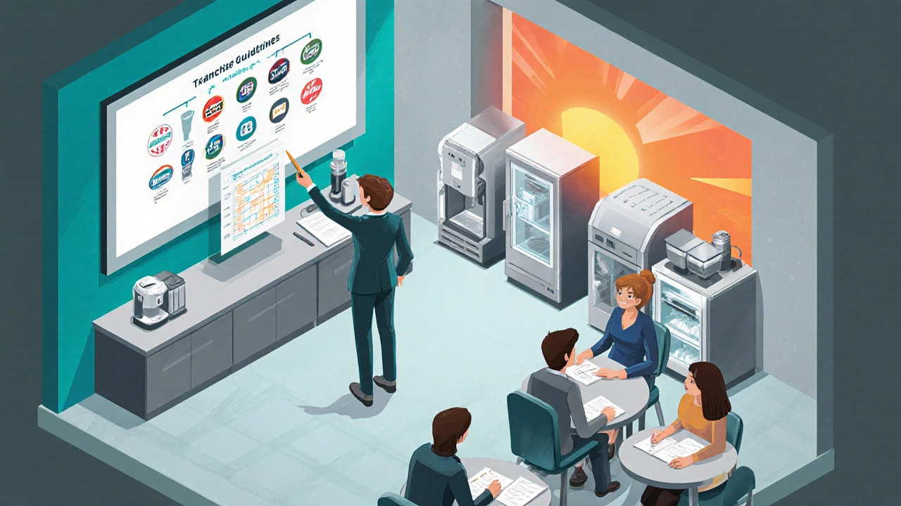 Isometric training room with franchisees learning brand guidelines and equipment.