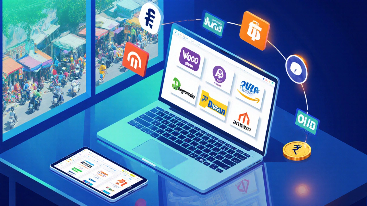 Laptop screen showing e‑commerce platform icons with Indian digital payment symbols.