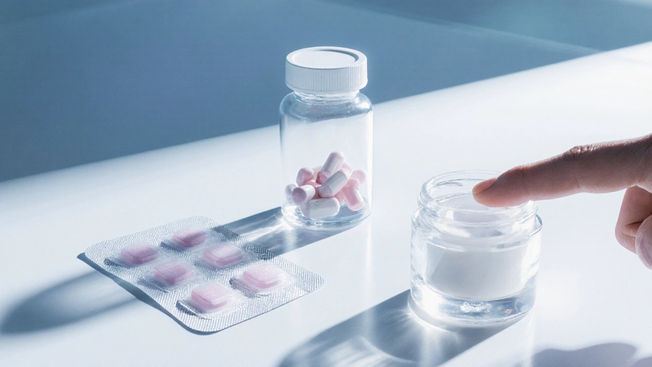 Medical illustration of a patch, pill bottle, and gel jar on a lab table.