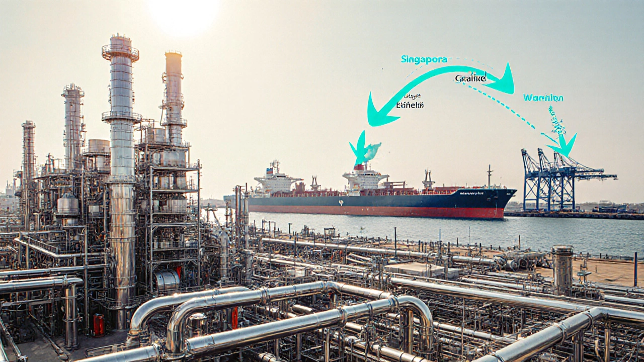 Modern Indian refinery with pipelines and tankers ready for export.