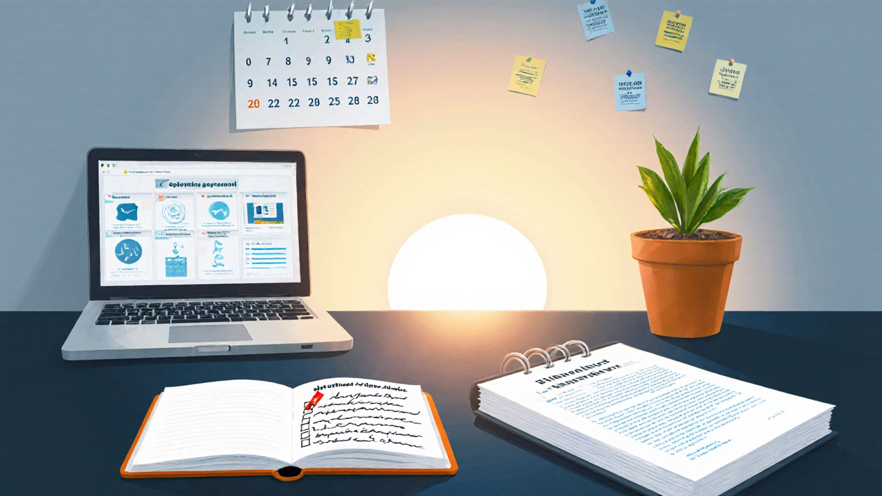 Organized desk with checklist, payroll laptop, operating agreement, and sunrise glow.