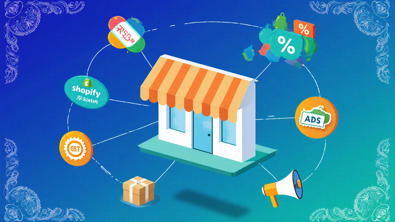 Shopify storefront surrounded by floating icons representing fees, GST, apps, shipping, and ads.