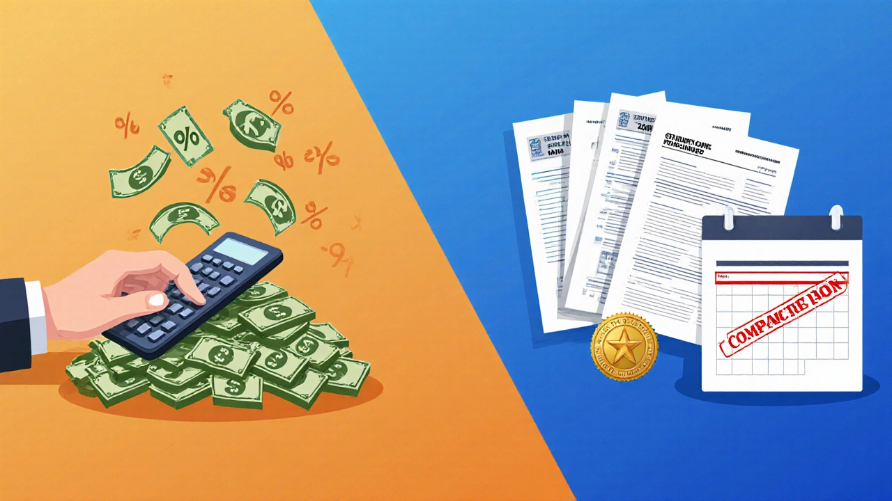 Split illustration showing tax calculator with money and state forms with deadline calendar.