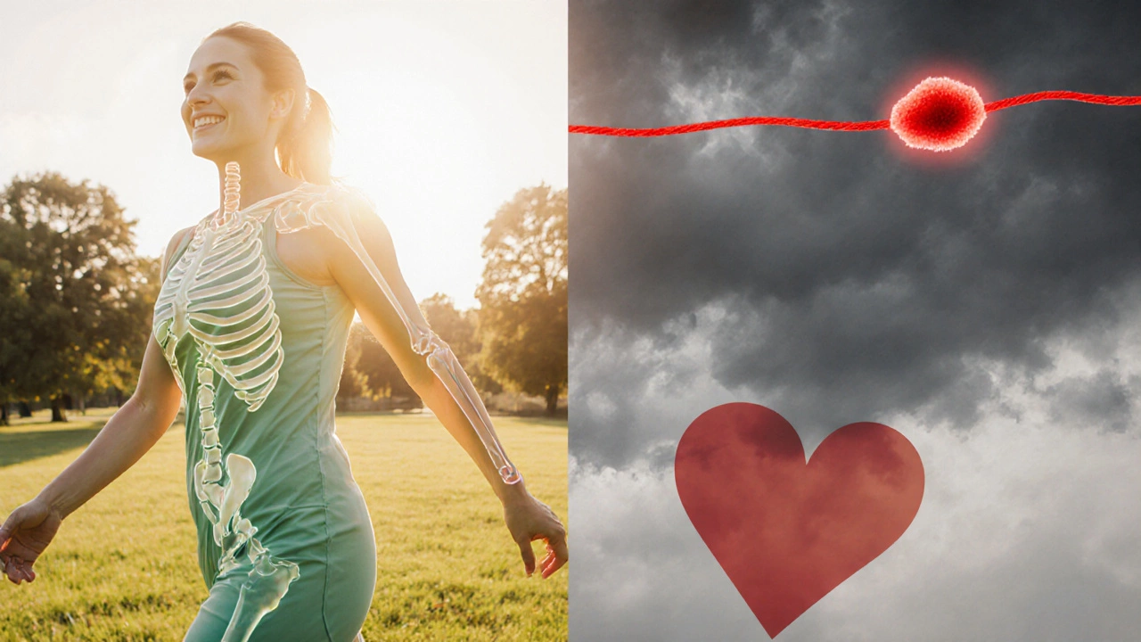 Split image showing active woman with strong bones versus abstract health risk symbols.
