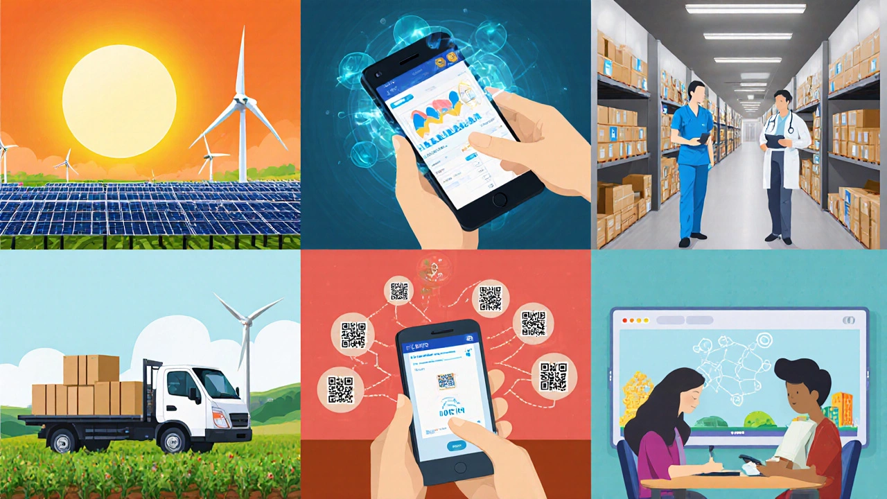 Split scene showing solar farm, hospital, fintech app, e‑commerce delivery, farm sensor, and online classroom.