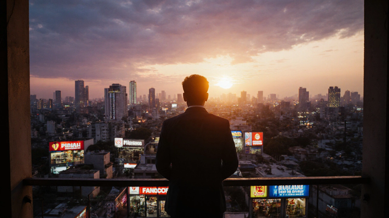 Successful franchisee looking over a cityscape of multiple franchise stores at sunset.
