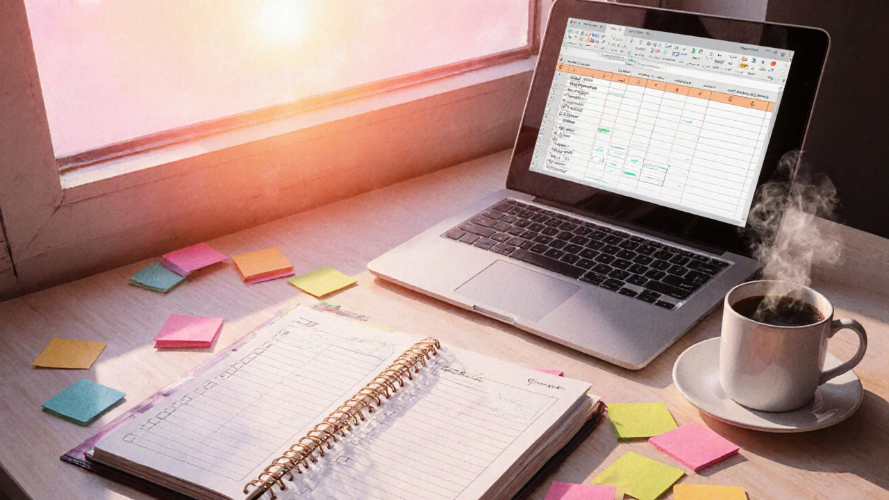 Watercolor desk with planner, laptop, coffee, and sunrise light indicating a fresh action plan.